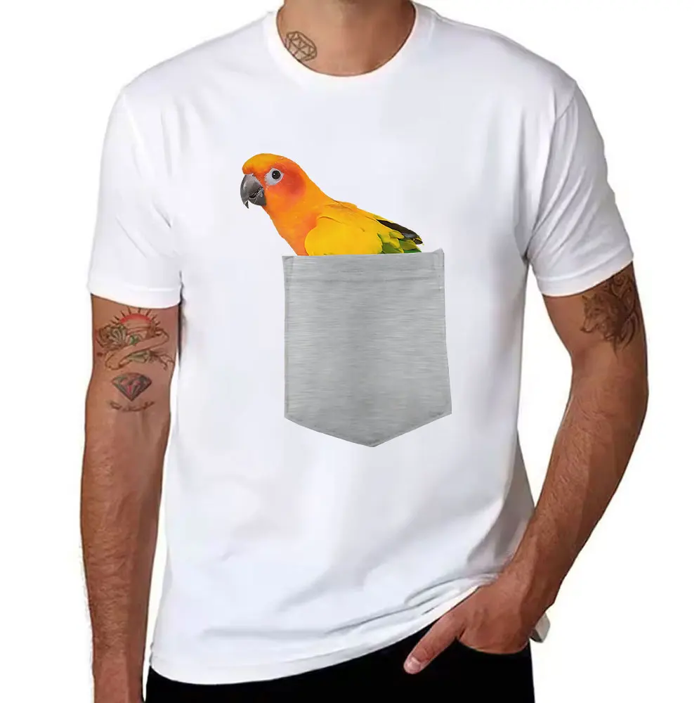 Men's Cotton T-Shirt with Cute Sun Conure Parrot in Pocket Print, Casual Short Sleeve Tee for Bird Lovers