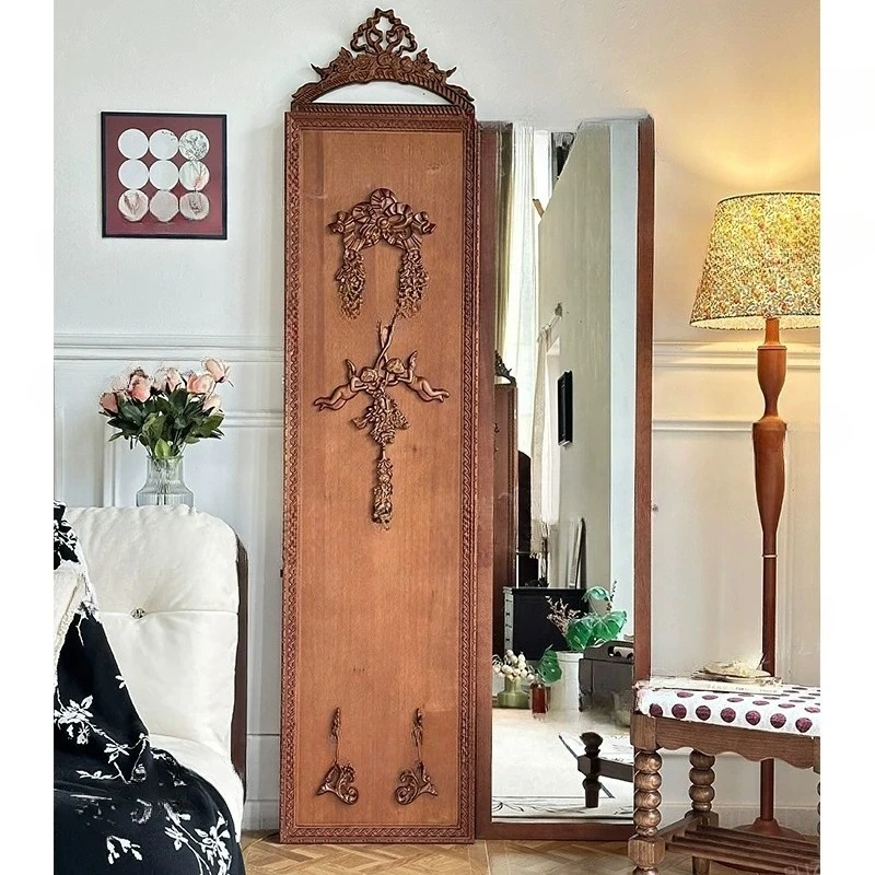 Solid wood three-fold full-length mirror carved full-length mirror medium antique wall-mounted small apartment decorative mirror