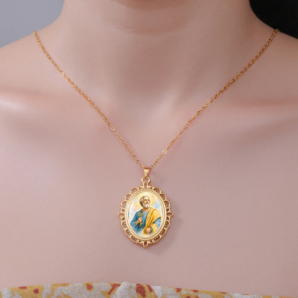 Simon Peter Necklace for Men Women Patron Saint Pendant Apostles of Jesus Catholic Protection Amulet Stainless Steel Jewelry