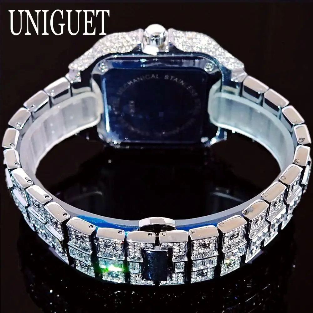 Relojes de hielo de Hip Hop para hombre, marca UNIGUET, Color de moda, Literal romano, lujo, diamante ostentoso, reloj de pulsera cuadrado AAA, triangulación de envíos