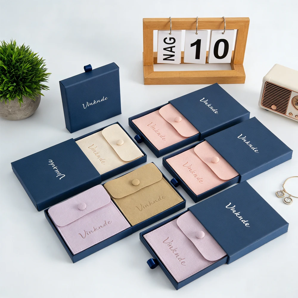 

Custom Logo 9x9x2.5cm Navy Paper Packaging Drawer Sliding Jewelry Earrings Ring Gift Box With Microfiber Snap Button Bag Pouch