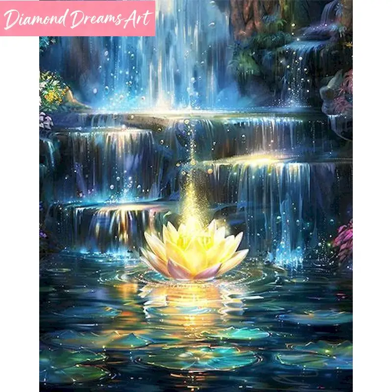 Rahmenloses Diamant-Malerei-Set mit Landschaftsmotiv, Vollquadrat- oder Rundsteine, Diamant-Mosaik mit Lotus-Wasserfall-Motiv zur Heimdekoration
