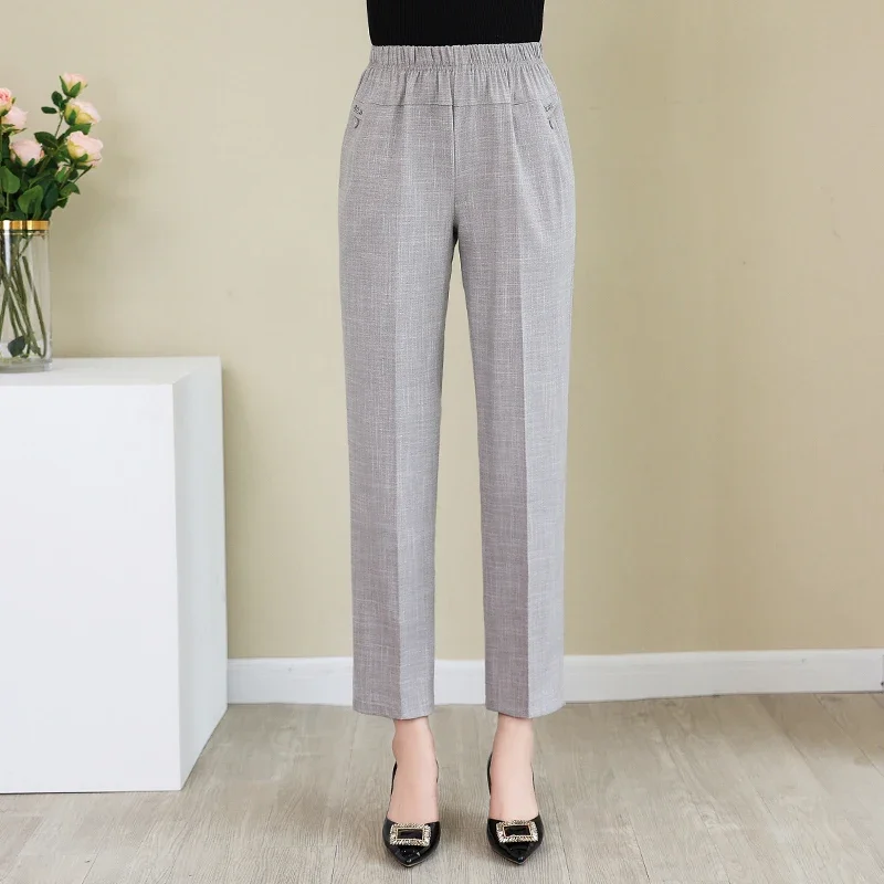 

Women's Classic Pants Summer 2023 Elastic Waist Cotton Linen Trousers Women Korean Fashion High Waist Ankle-Length Vintage Pants