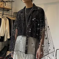 2024 Men Irregular Shirt Cloak Mesh Shiny Streetwear Tassel Men Clothing Transparent Sexy Fashion Party Nightclub Shirts INCERUN