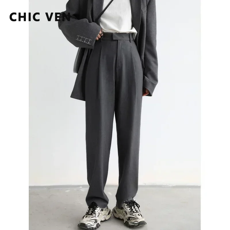 CHIC VEN Simple Casual Women Twill Suit Pants Wide Leg Pants Straight Floor Pants Office Ladies Female Trousers