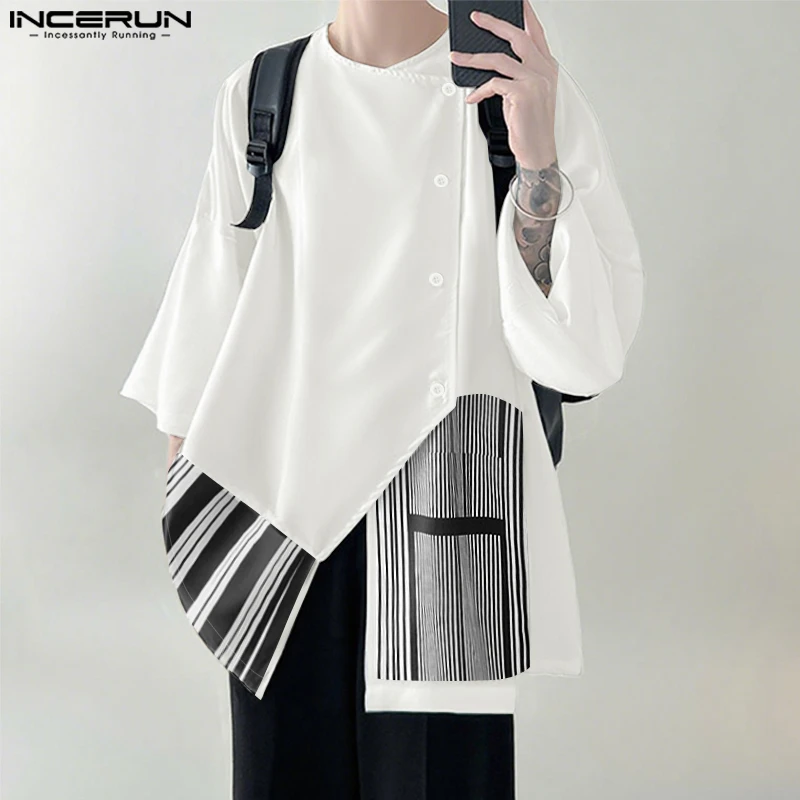 INCERUN Męska Koszula Nieregularna w Paski z Naszywkami, Rękaw 3/4, Luźna Odzież Męska, Styl Koreański, Moda Streetwear, Casualowe Koszule Męskie