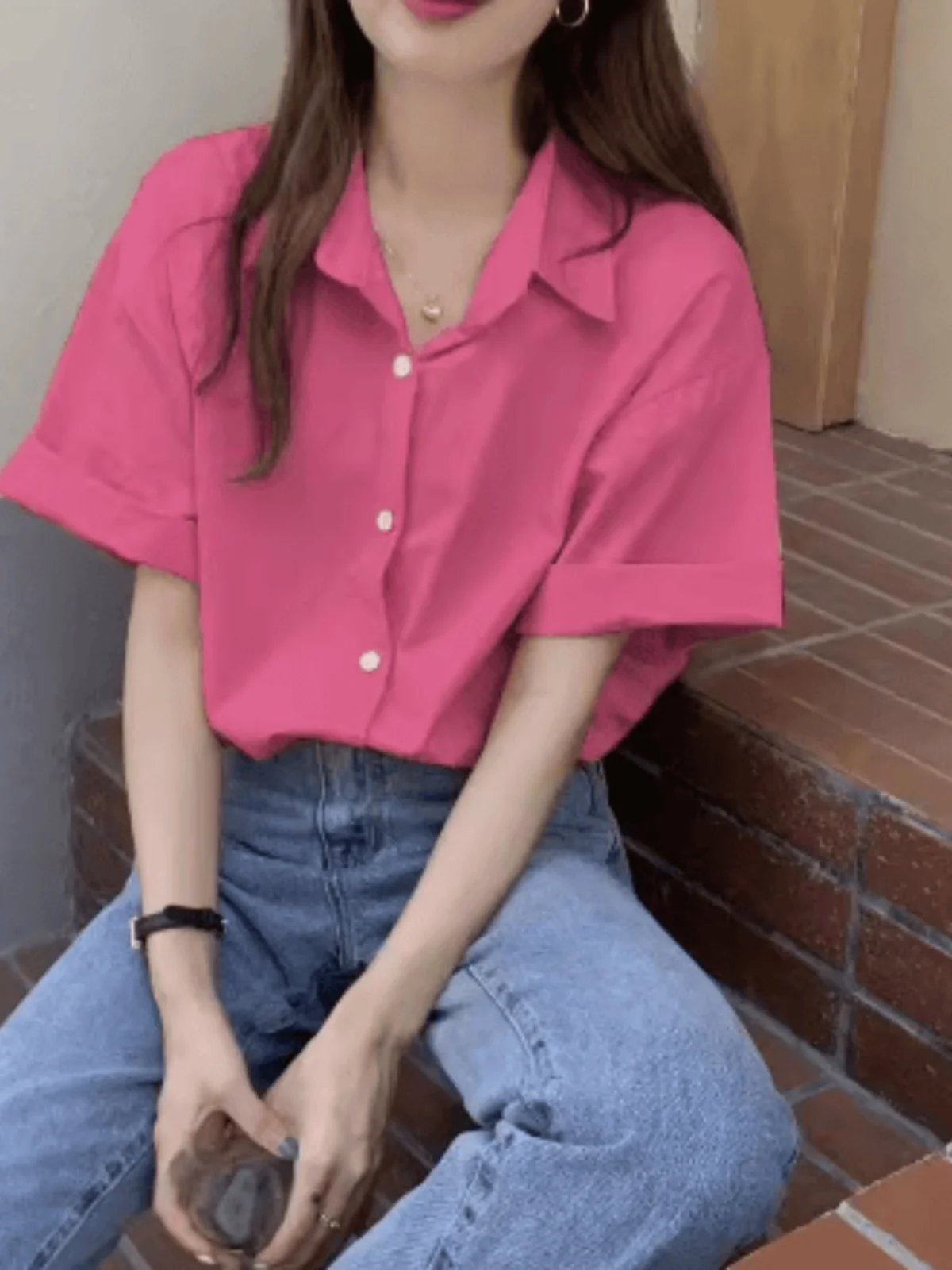 

Raspberry Pink Summer Women's Shirt Thin Casual Fashionable White Enhancing Loose Fit Korean Style Short Sleeve Collar