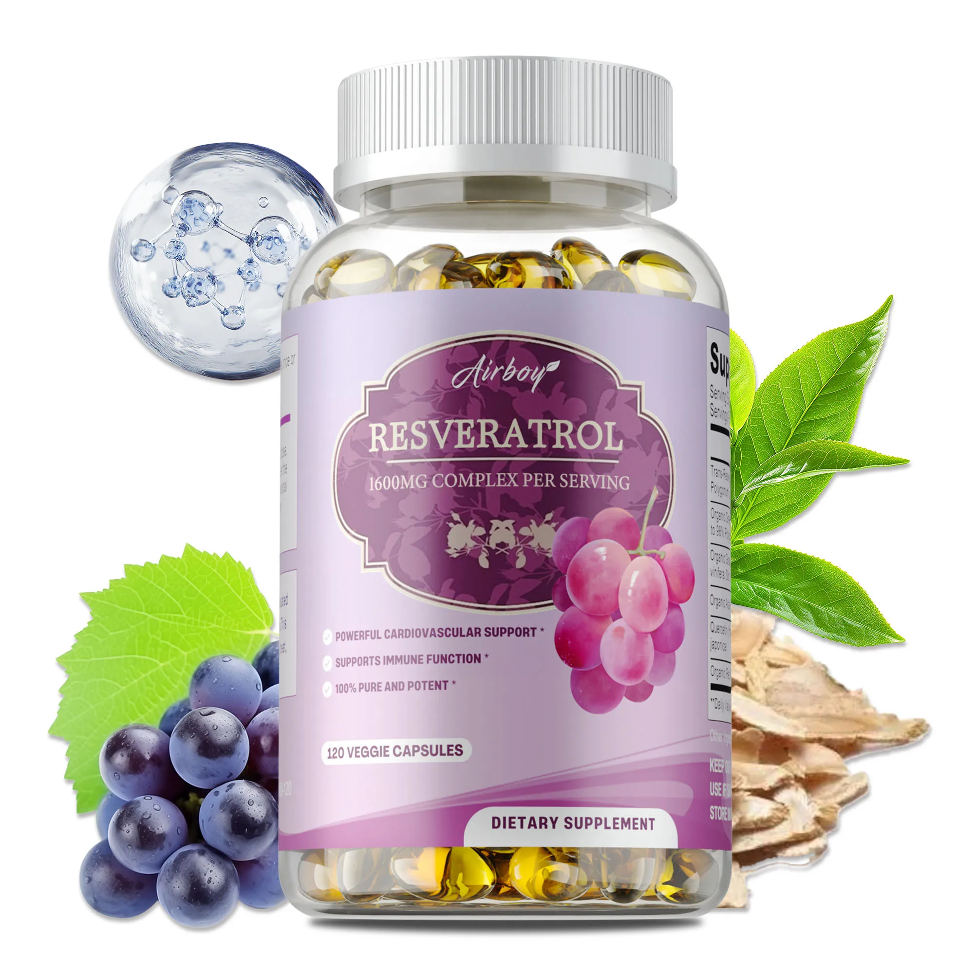 

Resveratrol Capsules - Anti-Aging, Smooth Skin, Support Brain, Heart & Cardiovascular Health, Metabolism, Improve Immunity