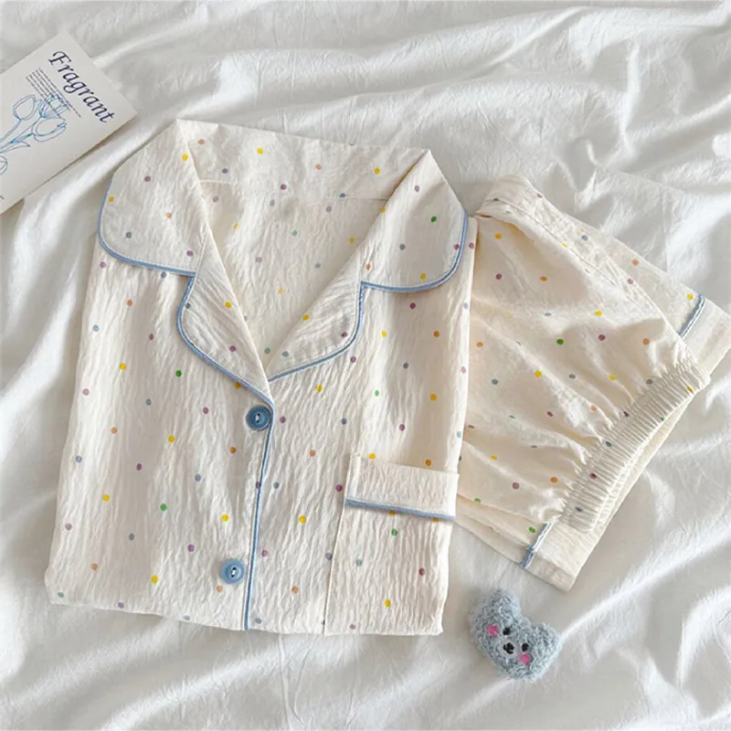 Conjunto de Pijama de Algodón con Estampado de Lunares para Mujer, Top de Manga Corta y Pantalones Cortos, 2 Piezas, Conjunto de Verano para el Hogar