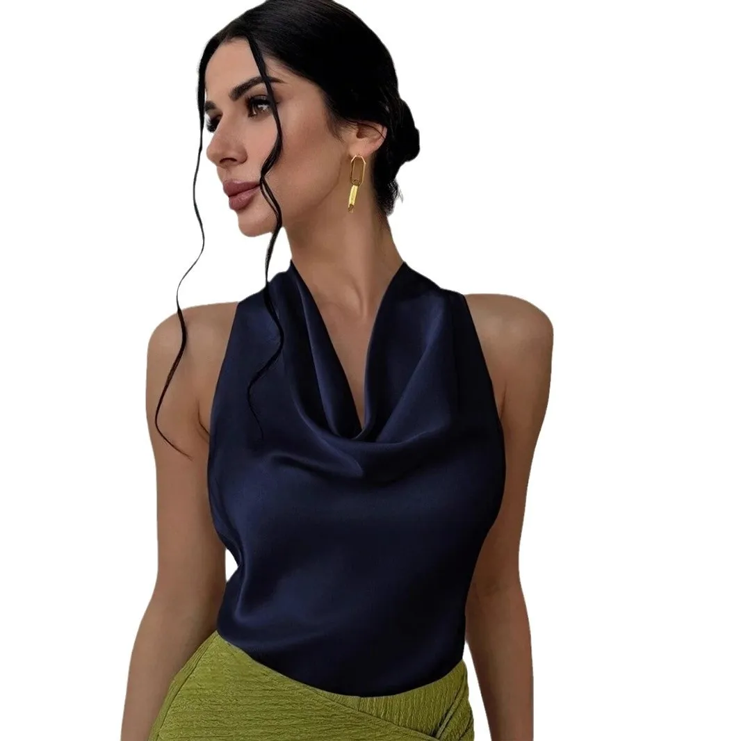 섹시한 민소매 새틴 셔츠 2025 봄 여름 유럽 및 미국 직장 여성 셔츠