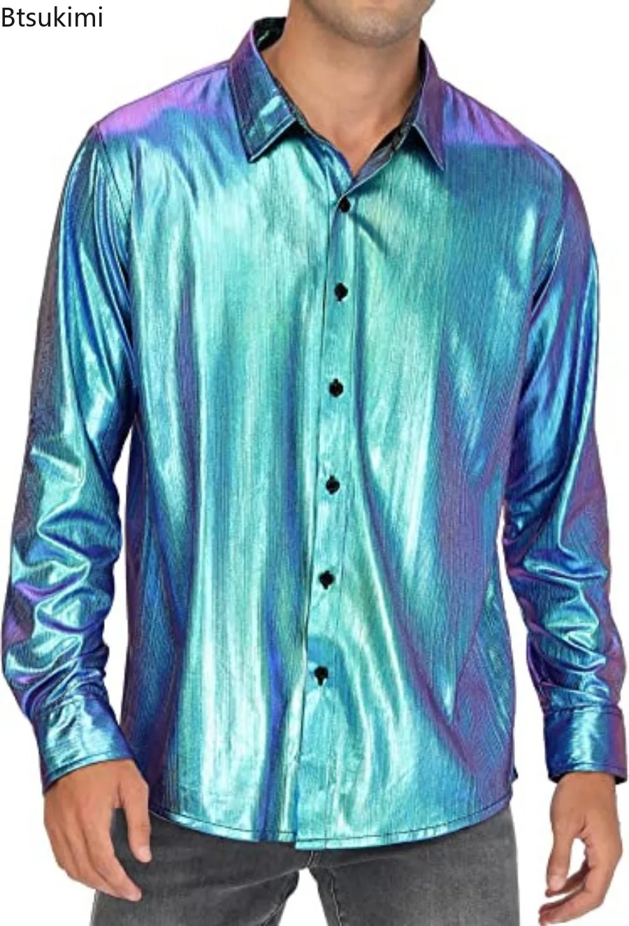 Vintage Sequin Glitter Shirts for Men Dress Shirts Long Sleeve Lapel Button-up Tops Men Cosplay Clothing Fashion Bright T-shirts