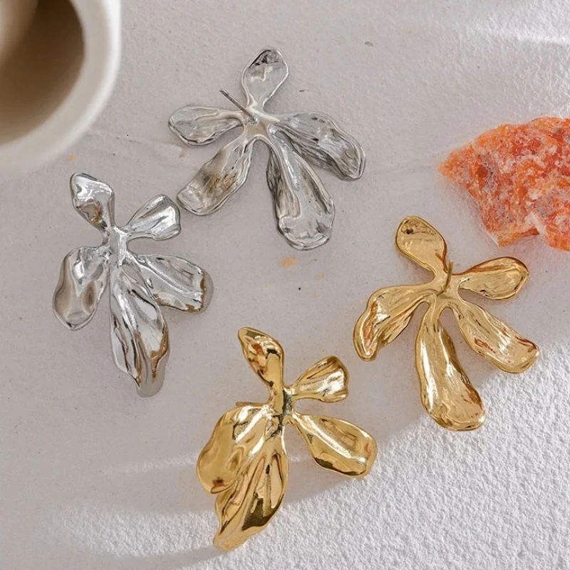 Stainless Steel Abstract Flower Statement Earrings, Tarnish Resistant Hypoallergenic Oversized Floral Studs for Women Daily Wear