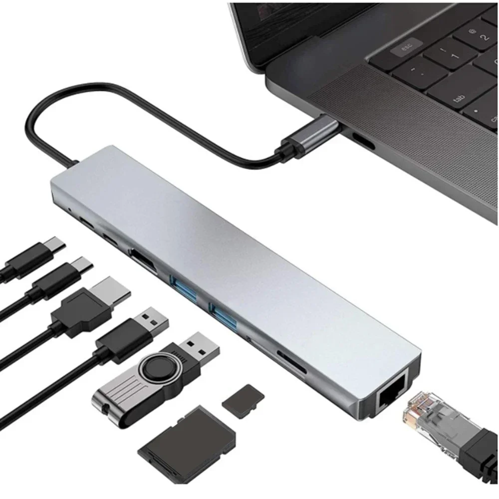 

8 In 1 Type C Docking Station USB 3.0 To 4k 30HZ HDTV Hub Adapter With Rj45 Card Reader PD 100W Fast Charge For Macbook Notebook