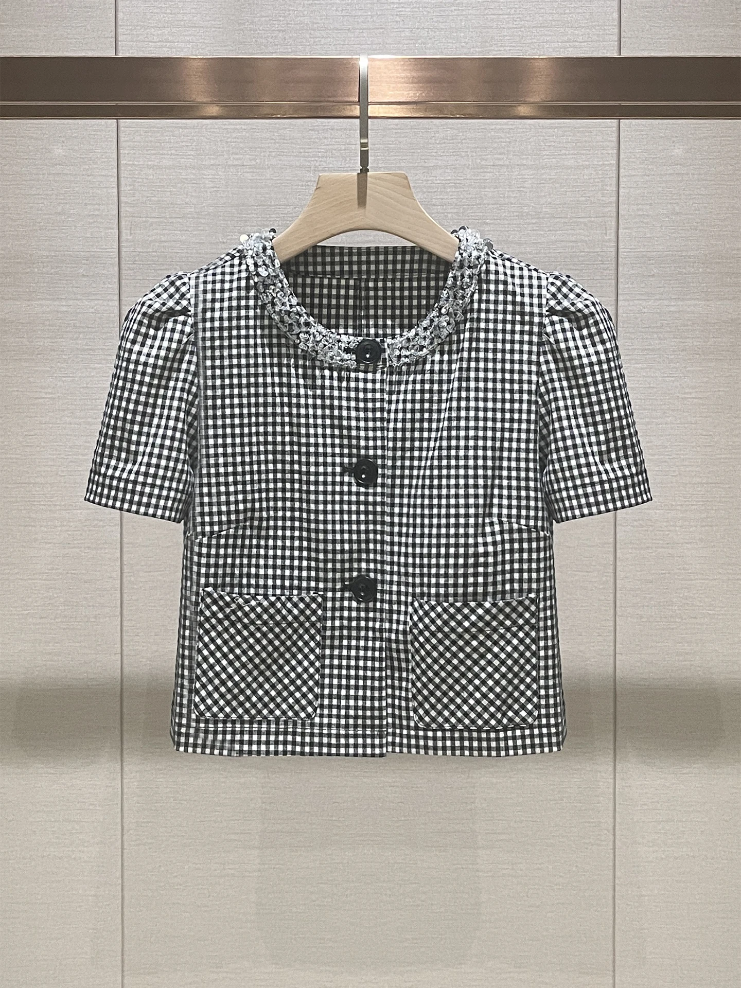 

Bla White Plaid Bubble Sve round Ne Diamond Embedded ort Casual irt for Women Commute Sle Breathable Skin-Friendly