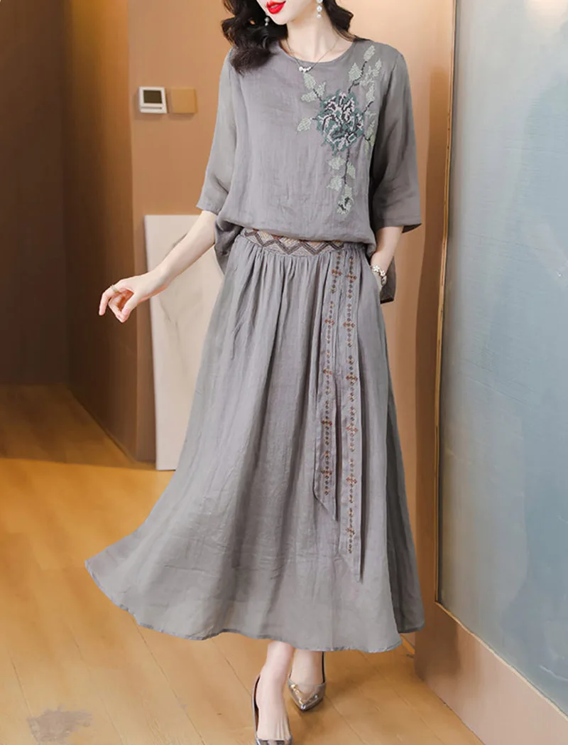 Chinese Embroidery Ramie Top Two Piece Set Summer Outfits For Women 2023 Elegant Literature Art Cotton Linen Skirt Suit C057