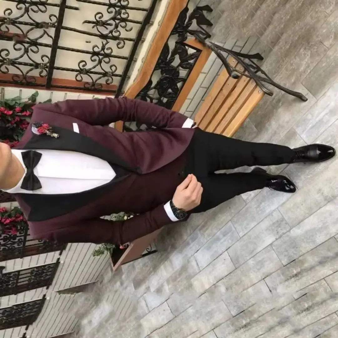 Burgundy Slim Fit Peak Lapel 3 Piece Men's Tuxedo Set Casual Business Blazer Vest Pants Wedding Groomsmen Suit
