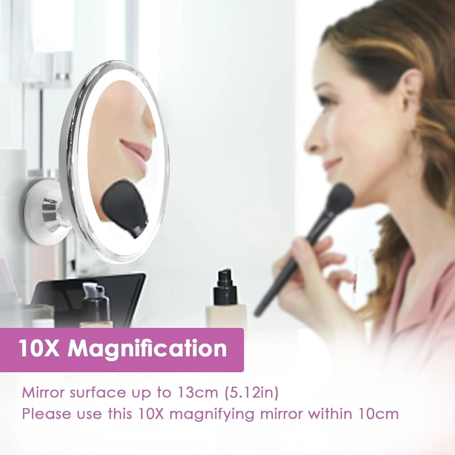 Miroir grossissant de maquillage LED 3 couleurs de lumière éclairé avec grossissement 10x et ventouse 360 °   Luminosité de rotation variable