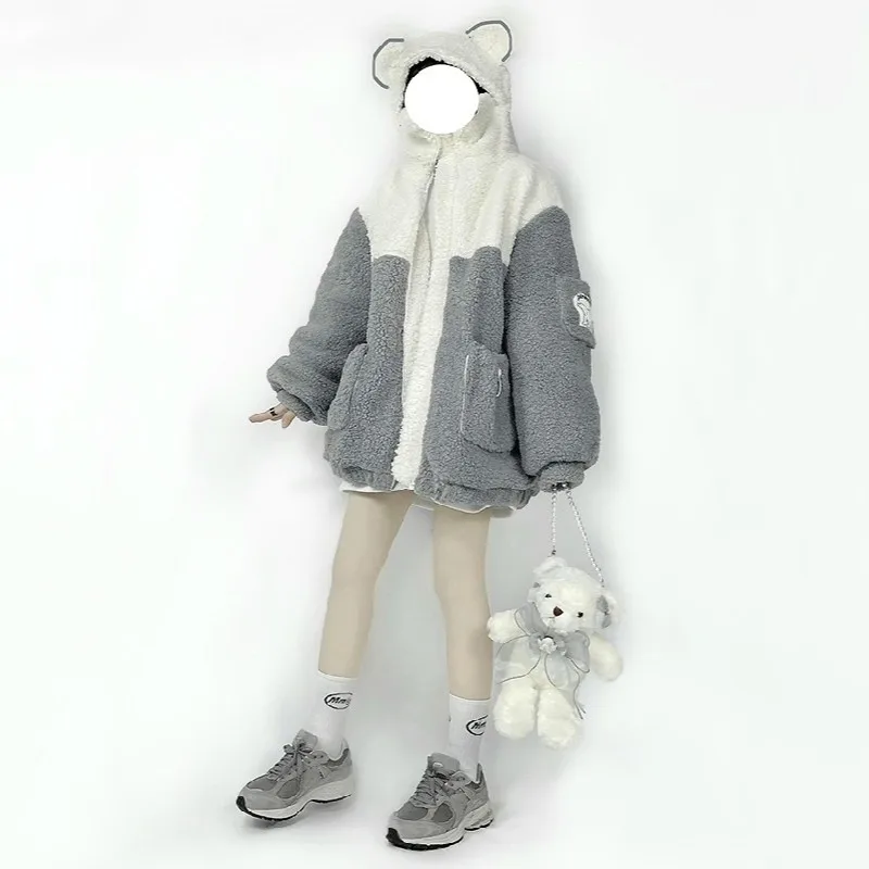Hoodie Beruang Lucu Jepang Pakaian Wanita Musim Gugur Musim Dingin Atasan Bertudung Wol Domba Imitasi Mantel Mewah BF Kawaii Lolita Pakaian Jalanan