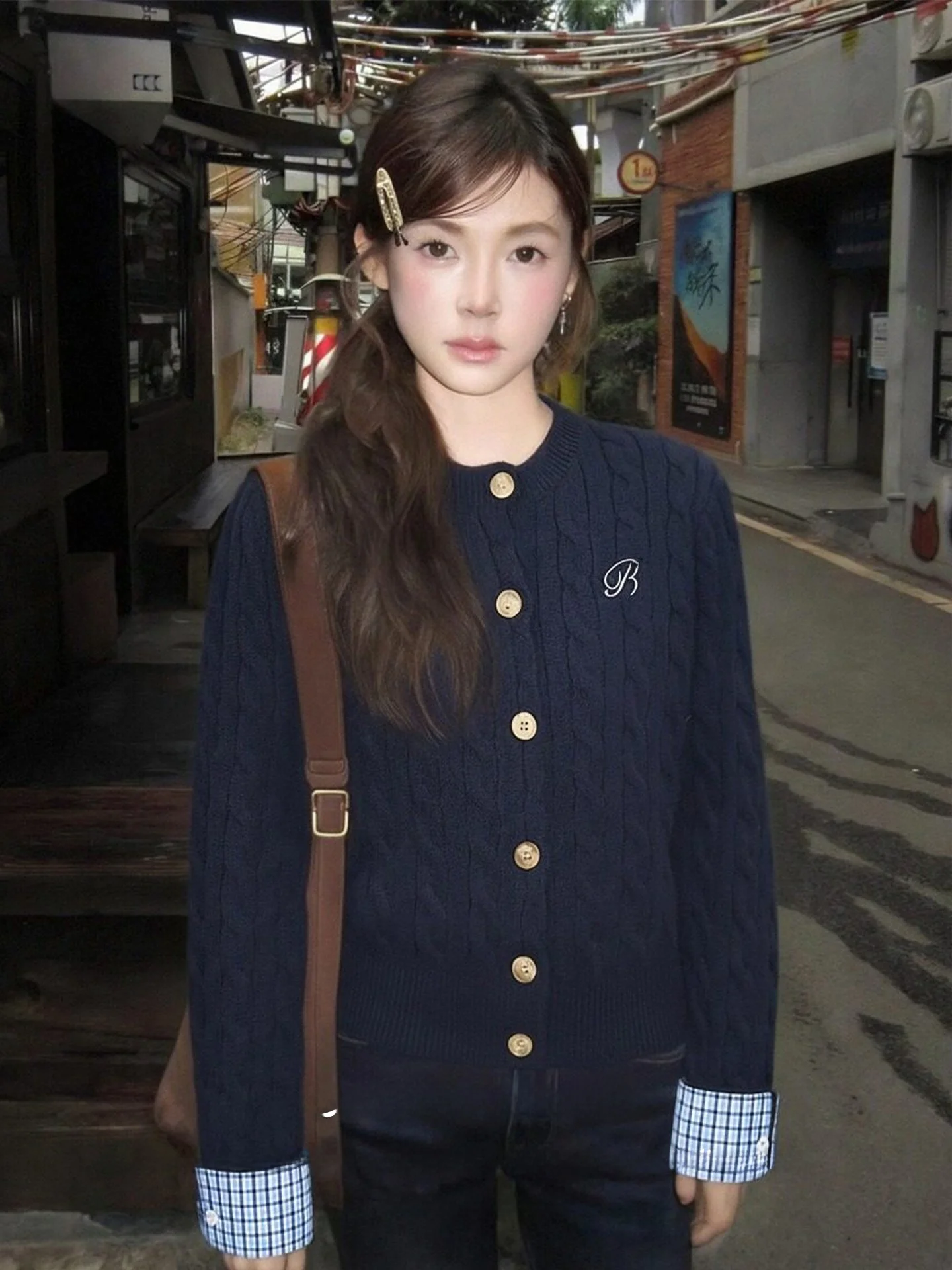 

American Retro Knitted Cardigan Women's Spring Plaid Splicing Twist Sweater Coat College Sle Top Trendy Long Sve round Ne