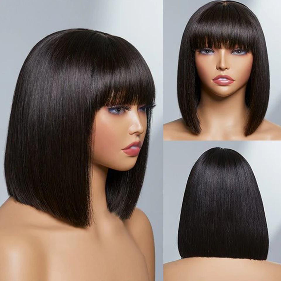 Straight Bob Wig With Bangs 3X1 Middle Part Lace 100% Human Hair Wigs Ready To Wear And Go Short Bob Lace Wigs for Black Women