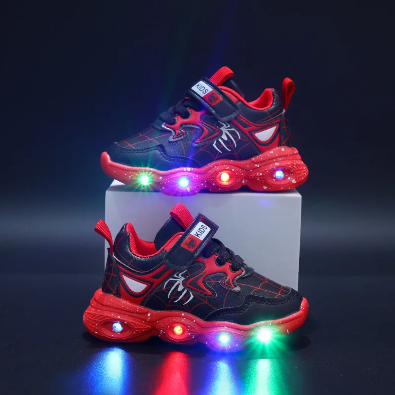 Disney LED Casual Shoes Blue Red For Spring Girls Cartoon PU Leather Sneakers Outdoor Children Lighted Non-slip Shoes Size 21-30