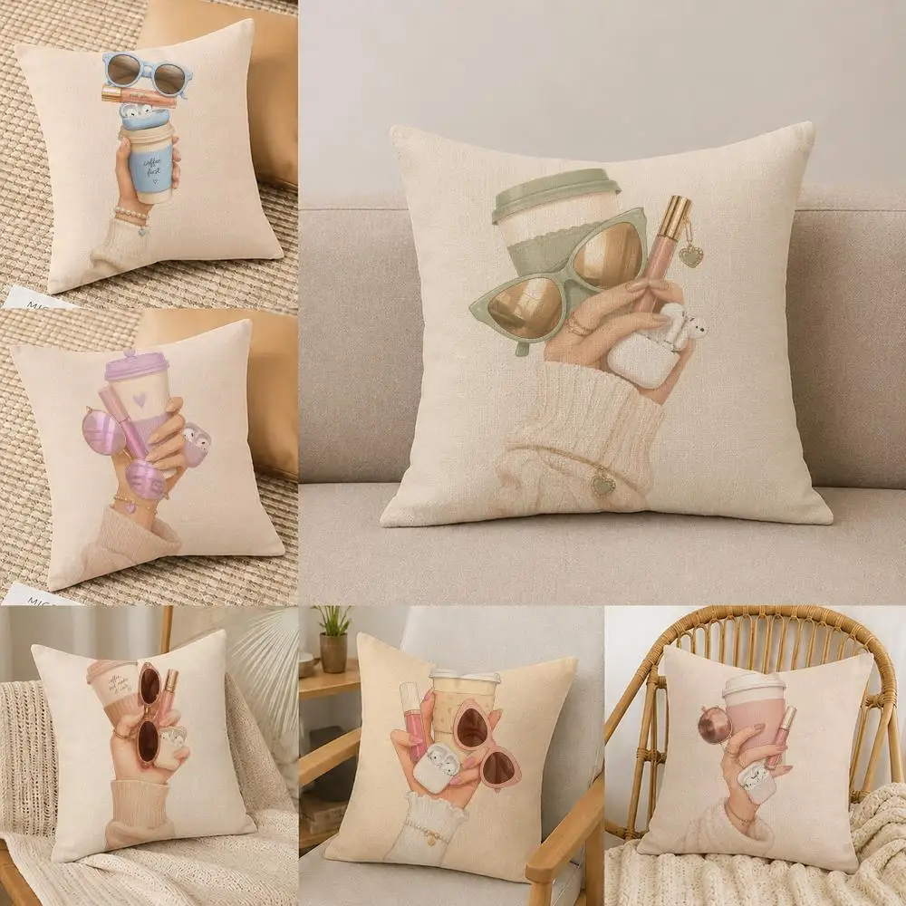 Aesthetic Girl Grip Cushion Cover Natural Linen Pillowcase Set, All-in-One Decor for Sofa, Bedroom & Chair