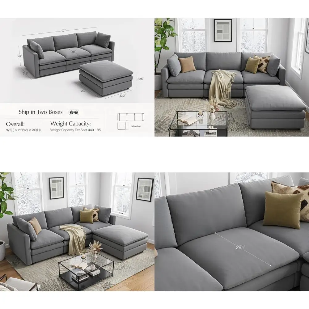 

Luxury Deep Plush 4-Seat L-Shaped Sectional Sofa with Ottoman