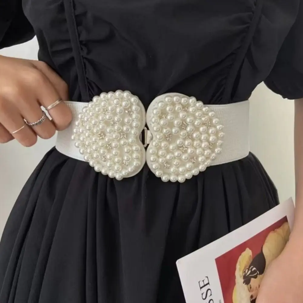 Elegant French Fashionable Pearl Elastic Waistband Buckle Heart-shaped Wide Waistband Waist Cinching Stretch Belt Matching Dress