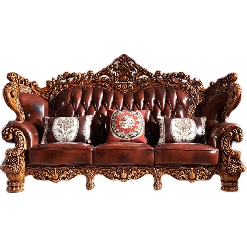 

European leather sofa combination 123 villa leather sofa solid wood carving flower first layer cowhide large apartment leather s