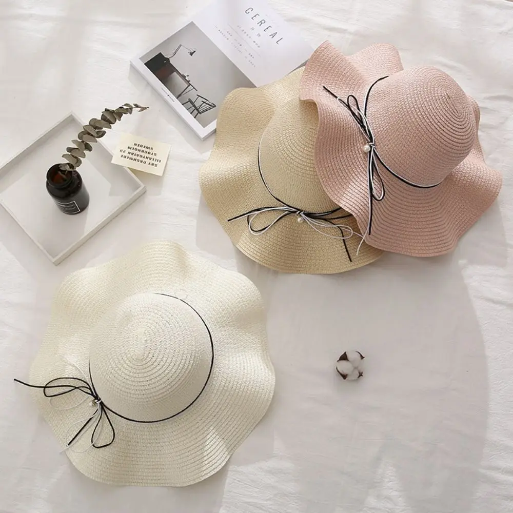 Trendy French Style Pearls Strap Straw Hat Wide Brim Spring Summer Folding Straw Hats Travel Beach Women's Sun Hat Girls