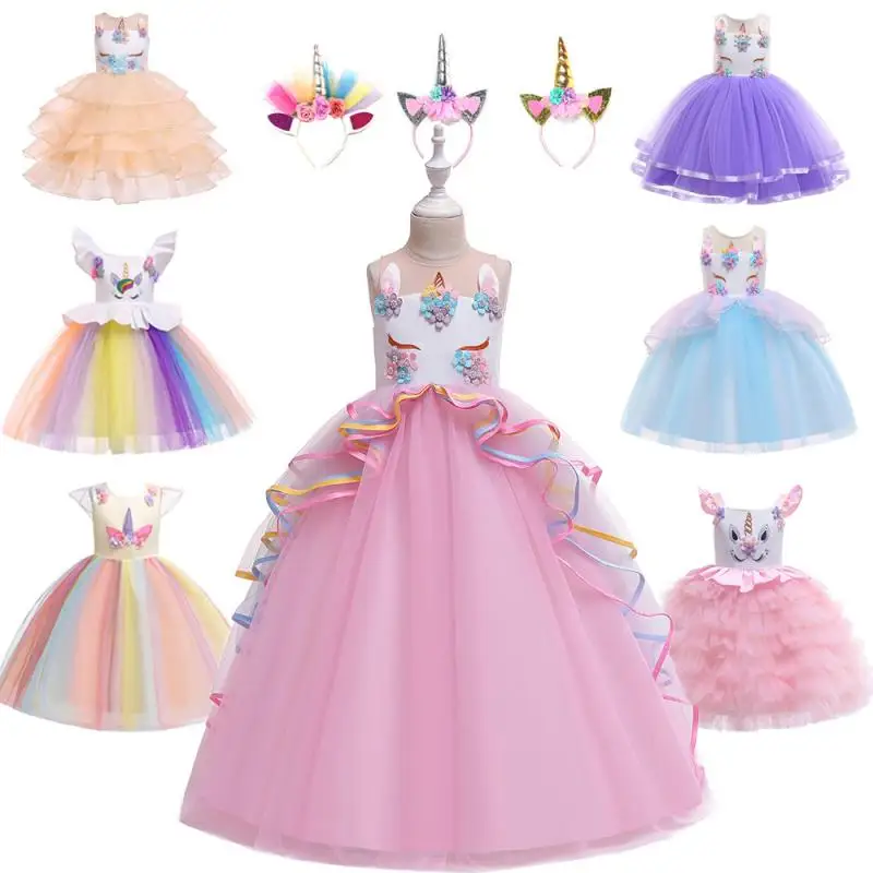 4-12T Kids Halloween Christmas Dresses Kids Unicorn Skirt Girl Mesh Rainbow Princess Dress Cosplay Performance Costume Ball Gown