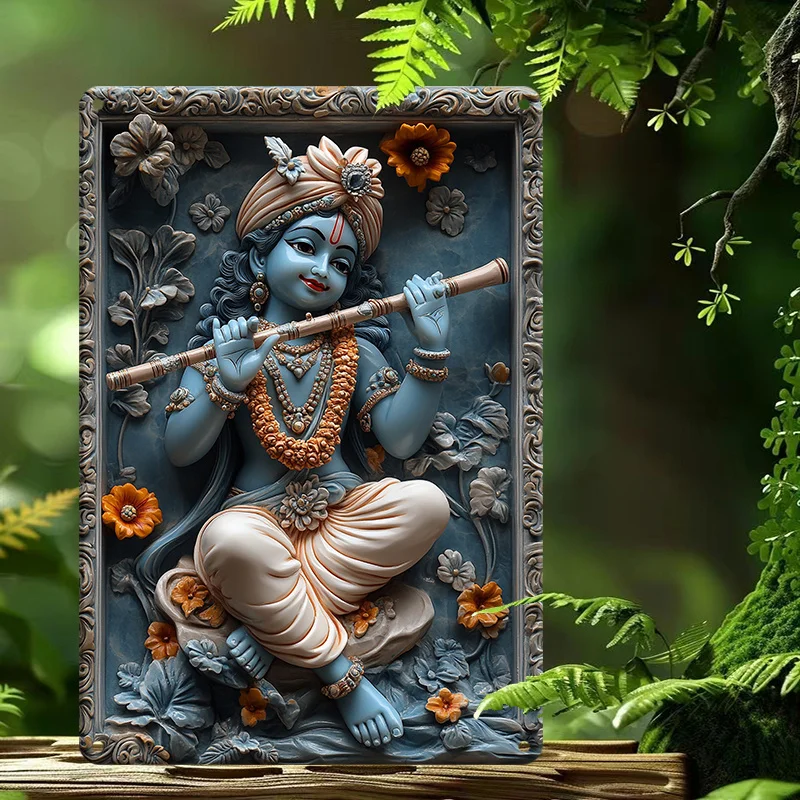 

1pc, Aluminum Metal Sign, 8x12inch (20x30cm), Little Krishna Playing Flute, Artistic Wall Decor for Home, Religious Artwork