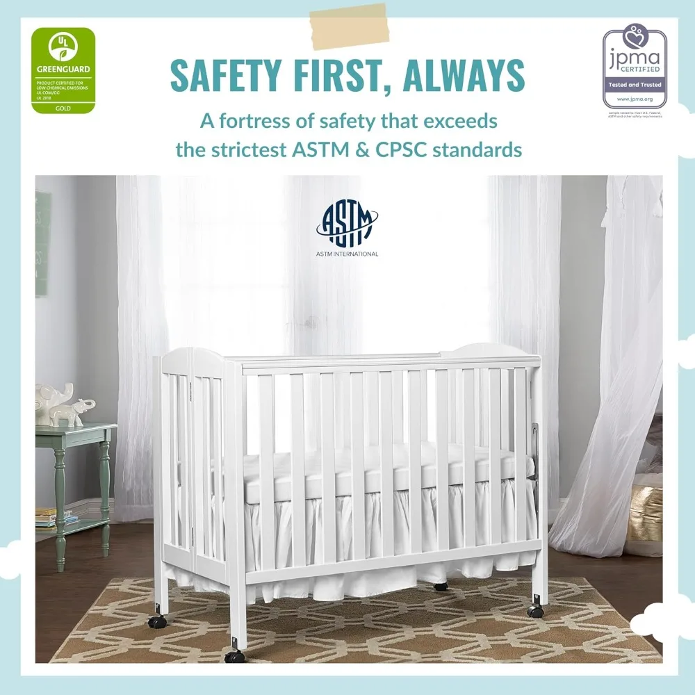 3 in 1 Portable Folding Stationary Side Crib in White, Greenguard Gold Certified, Safety Wheel with Locking Casters, Convertible