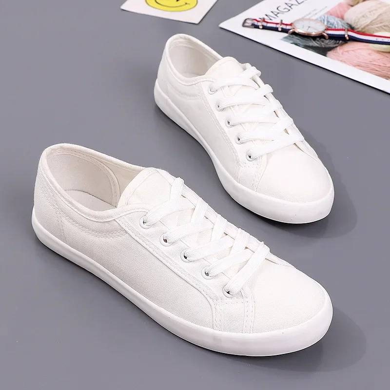 Zapatos de lona blancos Unisex, zapatos vulcanizados informales de verano con cordones, zapatos de tela para estudiantes, zapatillas planas para mujer, zapatos de tabla para mujer