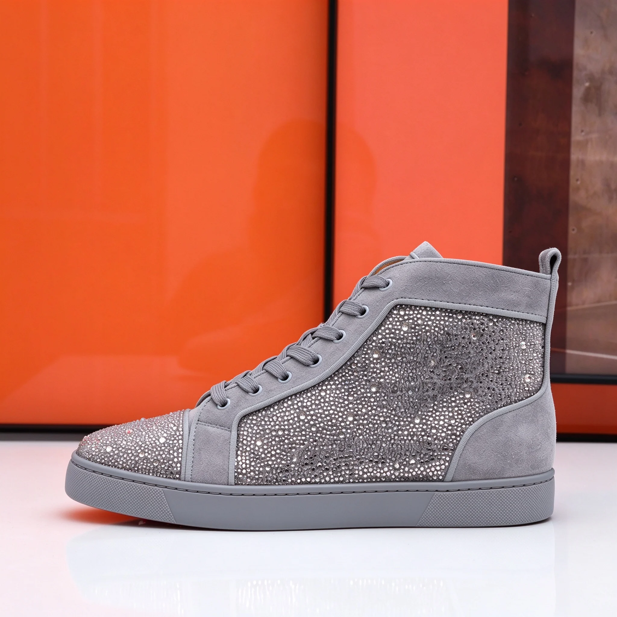 High Top Grey Suede Leather Shoes Spiked Rhinestones Studded Lace Up Red Bottom Shoes For Men Fashion Wedding Casual Shoes
