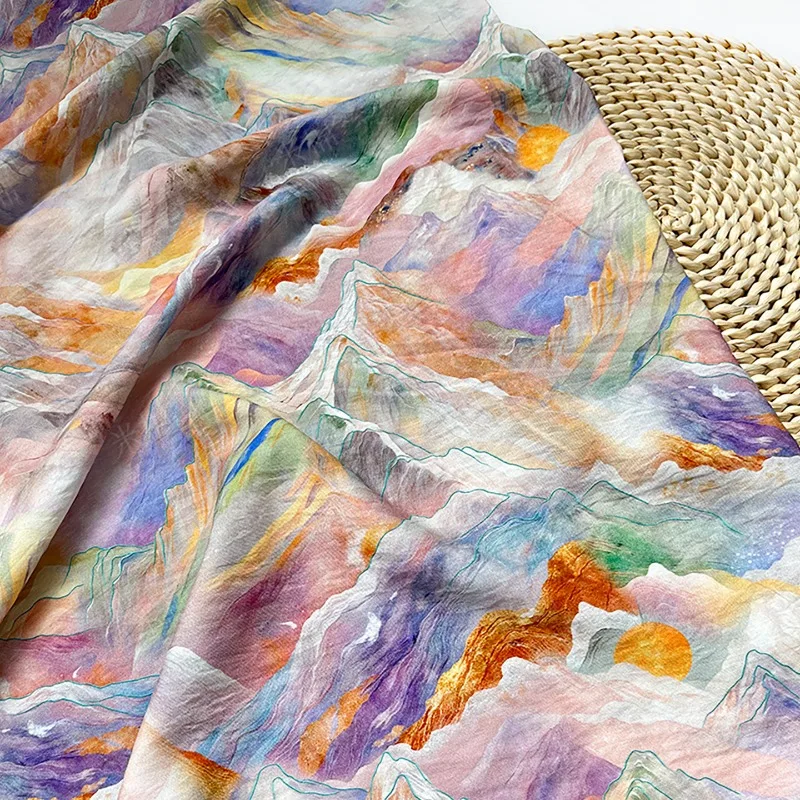L100XW150CM Digital Print Cotton Nylon Fabric Colorful Mountain Pattern Soft Breathable Lightweight Qipao Dress Hanfu DIY Sewing