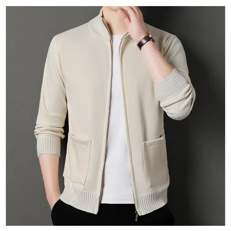 Cardigan tricoté en velours pour hommes, automne et hiver, décontracté, Style coréen, couleur unie, col montant, pull, veste pour hommes