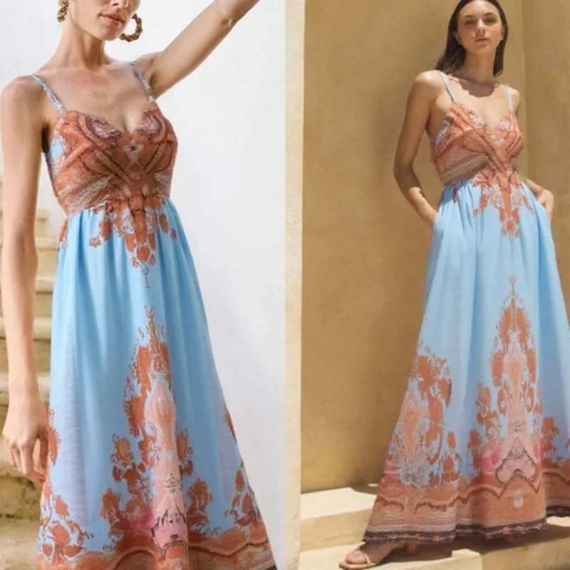 

Australia Sexy Women Backless Sling Waist Flared Print Midi Dress