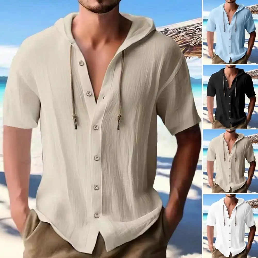 

Casual Single-breasted Shirt Stylish Men's Hooded Drawstring Cardigan Lightweight Beach Top for Casual Daily Wear Solid Color