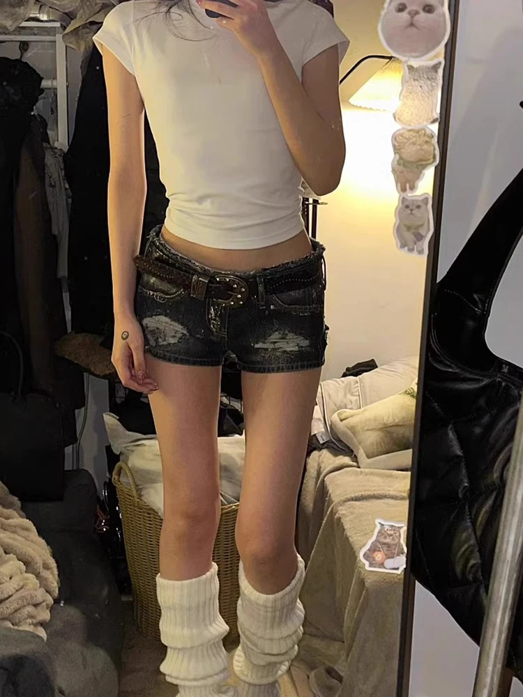 여름 여성 찢어진 워시 홀 하이 웨이스트 데님 팬츠 짧은 버뮤다 팬츠 캐주얼 태슬 타이트 5부 스티치 스트릿 팬츠