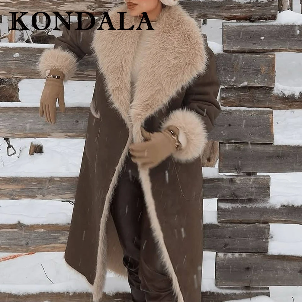 KONDALA Fashion 2025 Autumn Vintage Women Solid Double-sided Coat Pockets Long Loose Coat Streetwear Long Sleeve Elegant Outwear