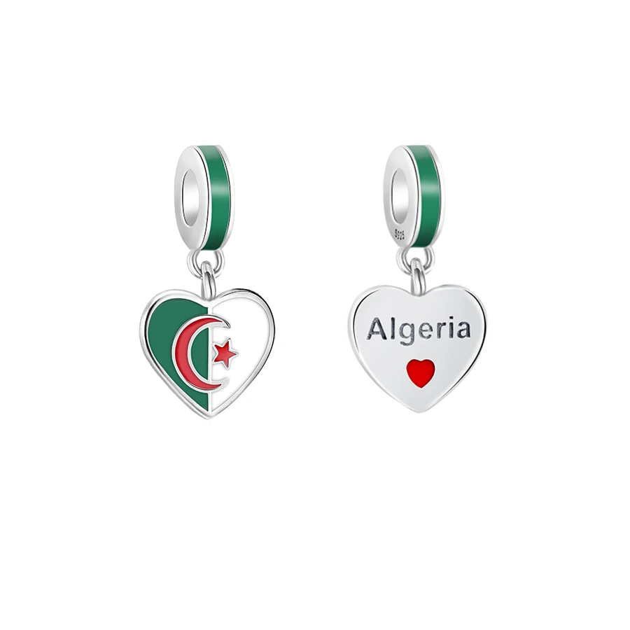 Heart Flag of Algeria Pendent Charm Enamel Charm Fit Original Snake Chain Charms Bracelets Women Real 925 Silver Jewelry 2024