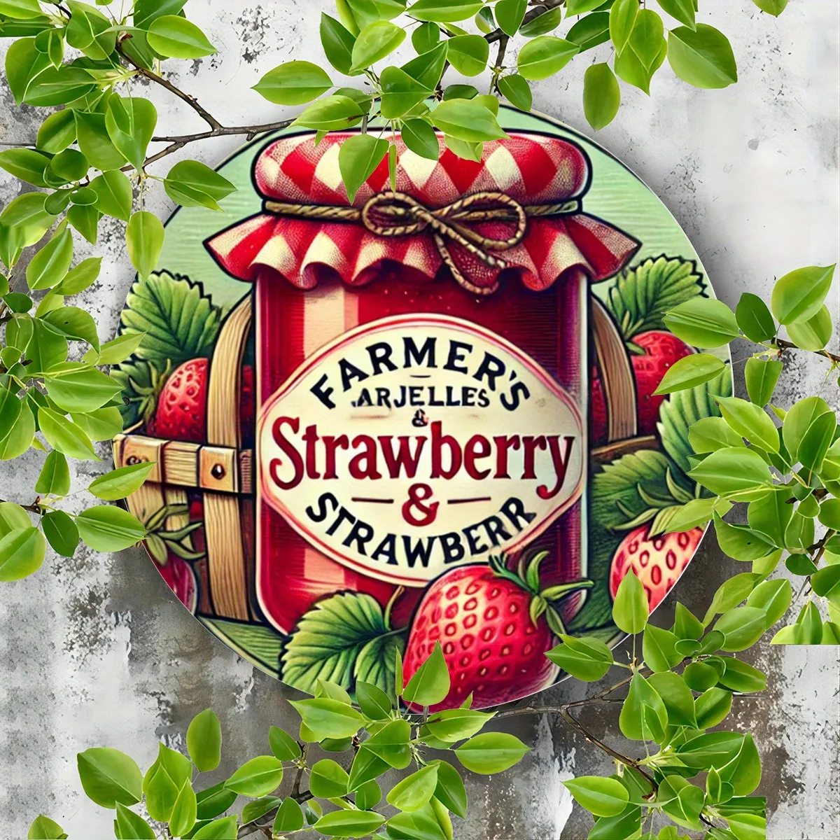 Farmer's Jellies Strawberry Theme Metal Sign - 1 Piece, Vibrant Jelly and Jam Artwork Printed Round Tinplate Wall Decor, Iron Ma
