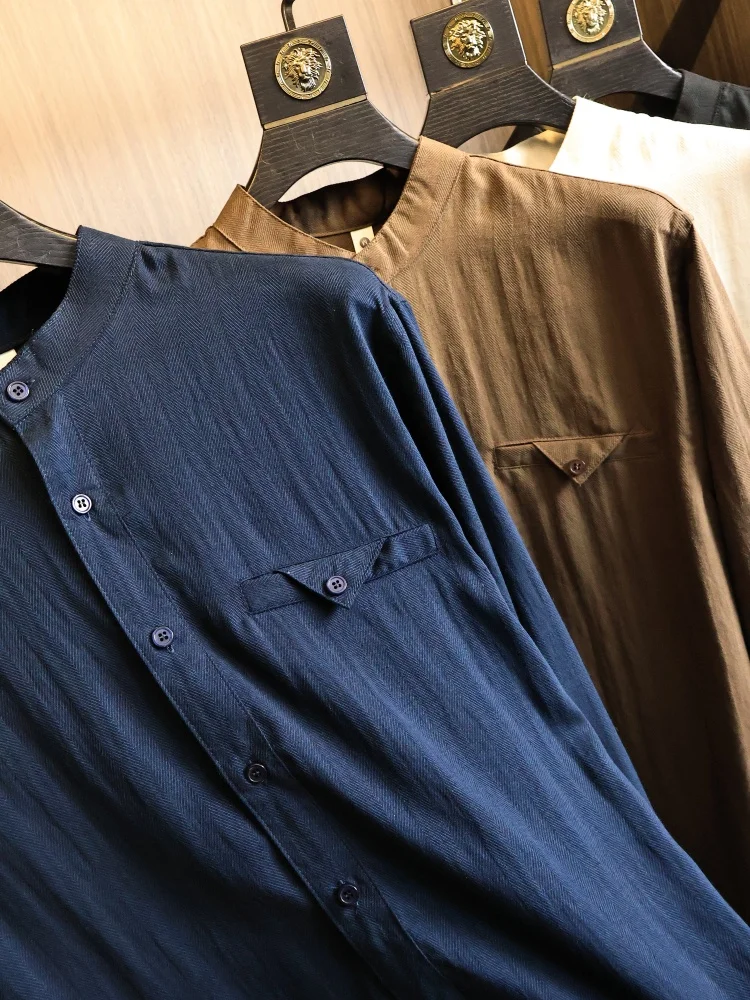 Men's Autumn Long Sleeve Shirt Retro Henry Collar Mixed Flax Lyocell Standard Fit Fashion Urban Style Breathable Pure Color