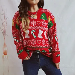 Women's Christmas Sweaters Long Sleeve Round Neck Snowflake Stocking Print Pullover Casual Knit Tops