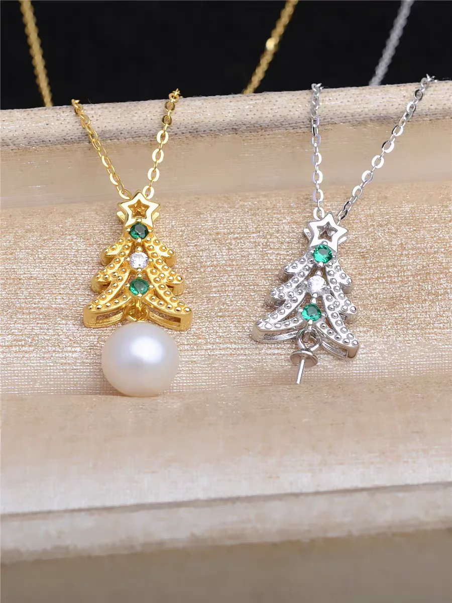 Christmas Tree 925 Sterling Silver Necklace Mountings Findings Jewellery Mounts Parts Fittings Accessories for 8-10mm Pearls