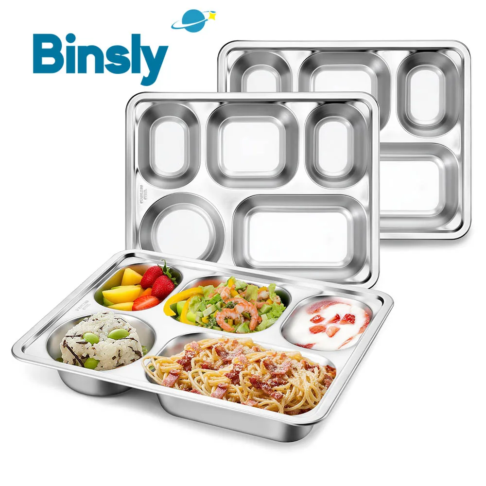 

Durable 3-Pack Stainless Steel Rectangular Food Tray 5 Compartment with Metal Lids Dinner Plates for School and Canteen
