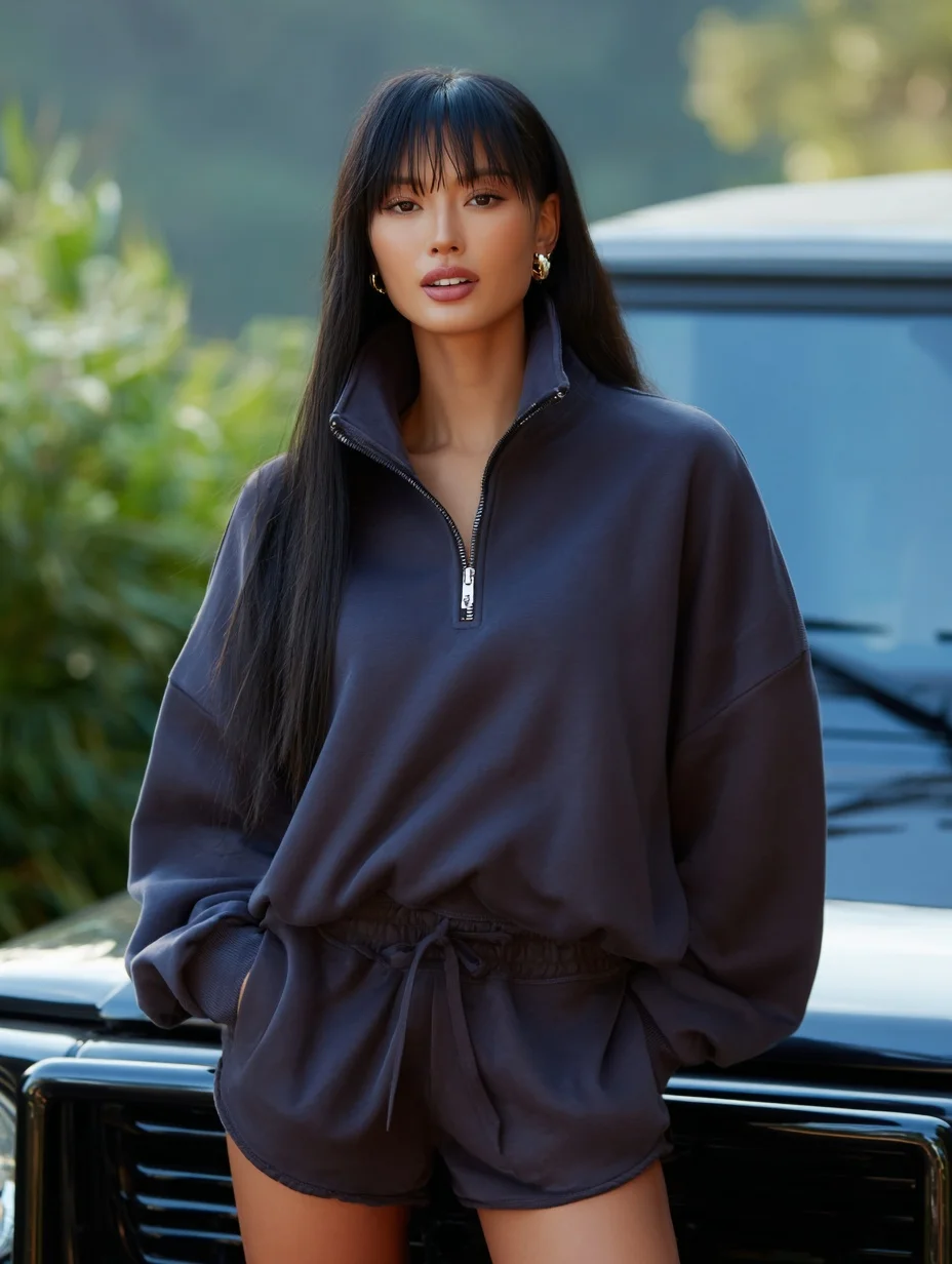 

Mia Muse Women's Sets Autumn Comfortable Plain Zipper Long Sleeve Stand Collar Elastic Waist Short Length Daily Shorts Sets