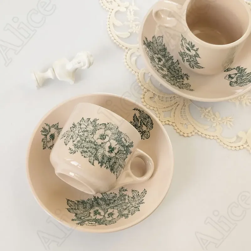 Retro Print Ceramic Coffee Cup Saucer Set Nordic Afternoon Tea Dessert Cups Green Mugs Office Household Drinking Utensils