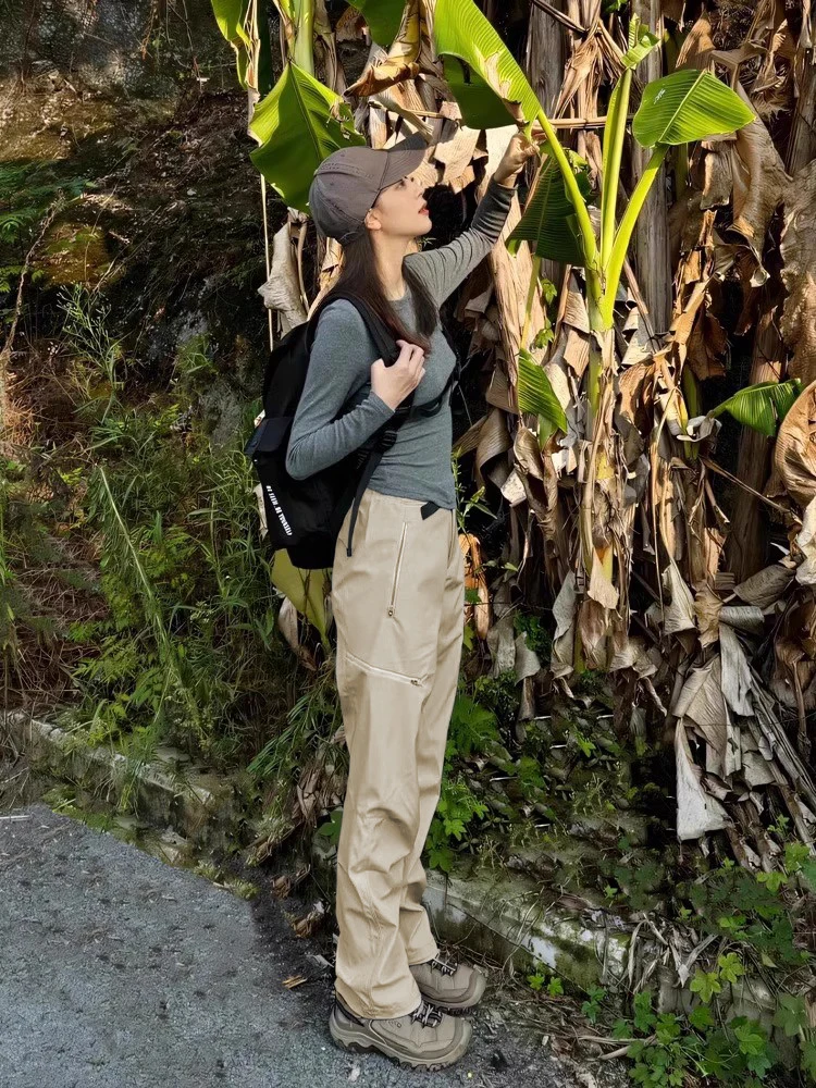 

KSKM Light Brown Women's Hiking Pants Spring 2025 Outdoor Cold Proof Windproof Waterproof Climbing Trousers Casual Straight Leg